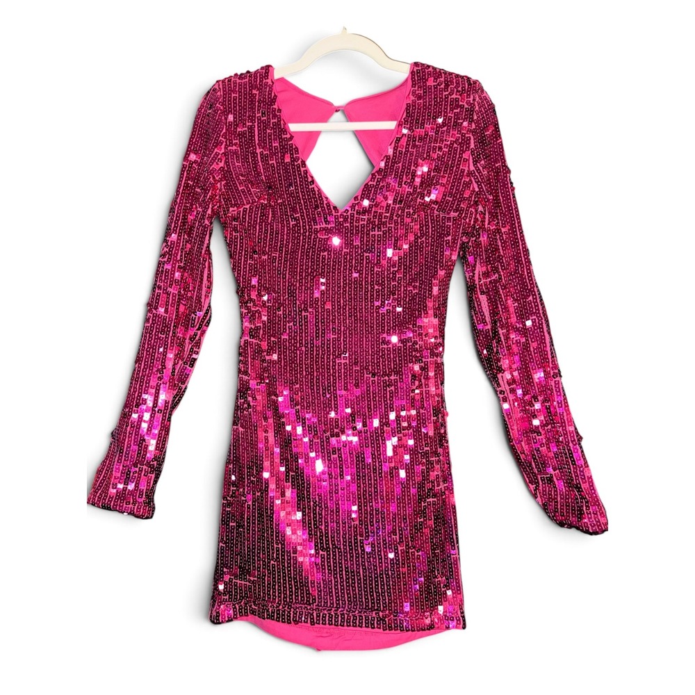Lulus Hot Pink Sequin Mini Dress Long Sleeve Back Cutout Fuchsia Party Size M